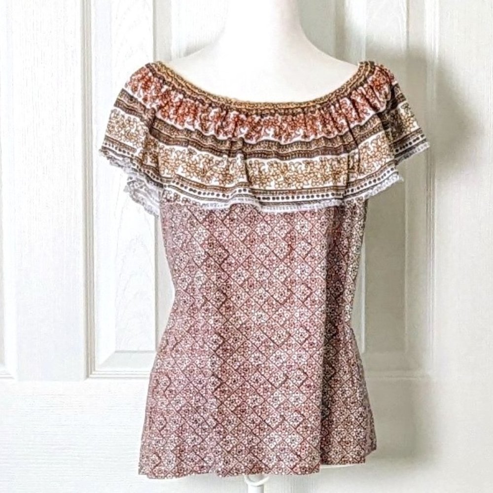JANE AND DELANCEY Women's On or Off Shoulder Top Blouse Size M Peach Print NWOT